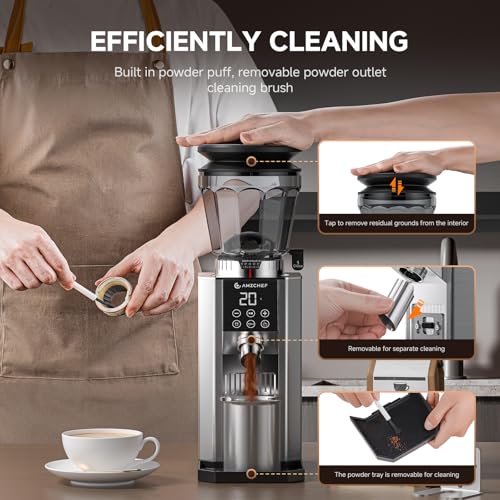 AMZCHEF Burr Coffee Grinder - 45 Precise Grind Settings for Espresso/Cold Brew, Adjustable Portafilter Holder & LED Touch Display, Anti-Static, Home Use