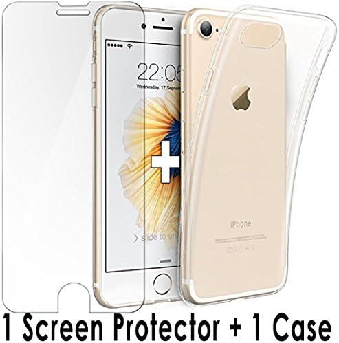 iPhone 7 Premium Shock Absorption Clear Slim Cover + Tempered Glass Screen Protector for iPhone 7 ( 4.7" ) - Slim Fit Gel Cover