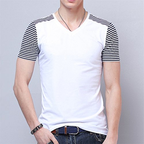 Mose Men's T Shirts, Men's Summer V-Neck Short Sleeve Tops Personality Fashion Leisure Self Cultivation Cool Comfortable T-Shirt Handsome Blouse New (XL, White) - Thumbnail 3