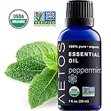 USDA CERTIFIED ORGANIC PEPPERMINT ESSENTIAL OIL by AETOS, Organic GMO free, 100 percent pure, all natural, therapeutic grade, 1 fl. Oz. Non-GMO Project Verified