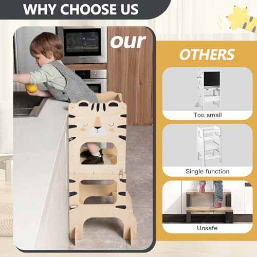 labebe Montessori Tower Children, Multifunctional Montessori Folding Wooden Tower 3 in 1 Learning Tower for Children with Tigers Chalkboard