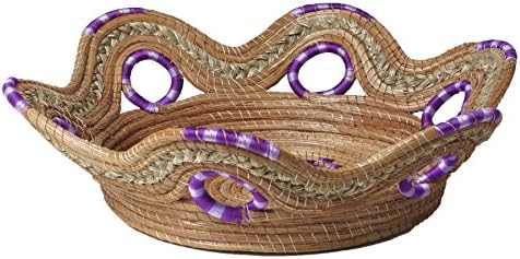Handwoven Wicker Round Basket with Handles. Made Out of Pine Leaf and Used to Storage Fruits, Vegetables, Bread, as Decoration or Platter. Handmade with Ocoxal and Purple Details. Pine Leaf Scented.