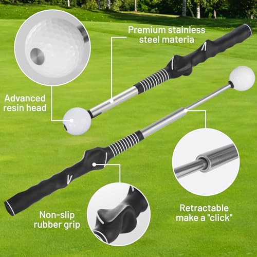 5-in-1 Retractable Golf Swing Trainer, Training Aid with Grip Trainer, Grip Correction for Beginners & Tempo Training for Advanced, Click Feedback, Arm Connection, Right/Left-Handed, Indoor/Outdoor
