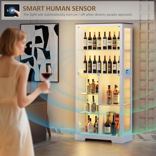 180cm Tall Display Cabinet with Glass Doors, Modern Curio Cabinet with 3 Color Lights, 7-Tiers Glass Display Cases for Collectibles, Tall Lego Storage Cabinet with Human Body Sensor (White)