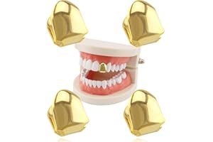 GENERIC Men's Dental Grills,4 Pcs Hip Hop Gold Braces Single Teeth European and American Style Hip Hop Braces 18K Plated Gold Grills Mouth Teeth Party Accessories Teeth Grills