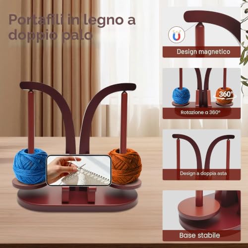 Wooden Crochet Ball Holder, Double Rod Wool Unwinder, Magnetic Wool Reel Holder with Storage Box for Knitting Accessories and Mobile Phone Holder (Retro Colour)