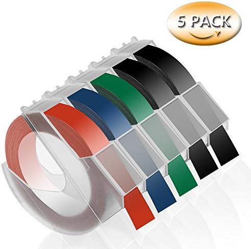 Embossing 3D Labels Tapes,Work with Dymo Embossing Label Maker DM12965 12966 154000 803260 622603 15447 1880, 3/8 inch x 9.8 feet, White on Black/Red/Blue/Green, 5-roll pack