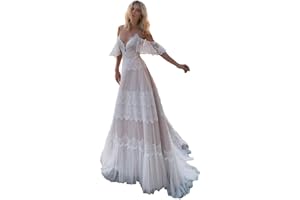 SORAYAN Women's Wedding Dresses Chic Lace Evening Dresses V Neck Ruffle Sleeves Beachy Boho Outdoorsy Wedding Gowns
