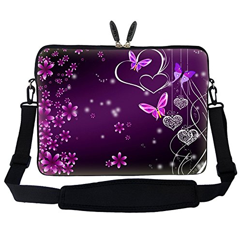 Meffort Inc 14 14.1 Inch Neoprene Laptop Sleeve Bag Carrying Case with Hidden Handle and Adjustable Shoulder Strap (Purple Flower Heart Butterfly)