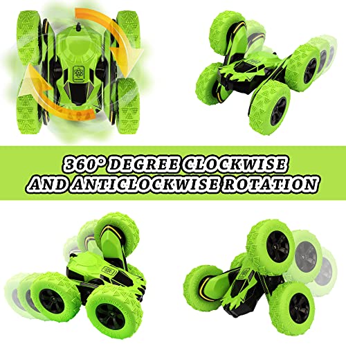 Remote Control Car, AEROQUEST RC Cars Stunt Car Toy, 4WD 2.4Ghz Double Sided 360° Rotating RC Car with Headlights, Kids Xmas Gift Toy Cars for Boys/Girls Ages 6+ (Green)
