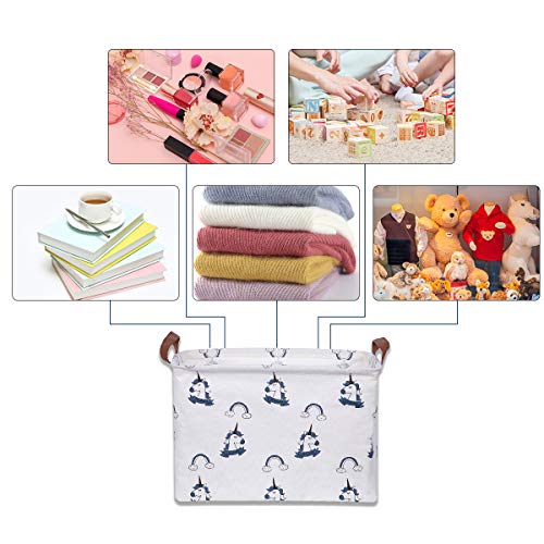 TIBAOLOVER Square Natural Linen & Cotton Fabric Storage Bin with Handles for organizing Kids Toy/Playroom Organization/Toy Bin/Closet/Shelf Baskets/Baby Hamper (Blue Unicorn)