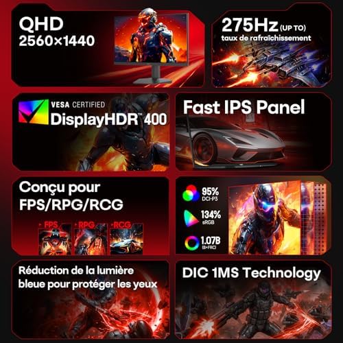 Écran Gaming QHD 27 Pouces 260Hz / 275Hz(UP to), Fast IPS, Temps de Réponse 1 ms, HDR400, 95% DCI-P3, Adaptive Sync, 2× HDMI 2.0, DisplayPort 1.4, VESA 100×100, Technologie Eye-Care