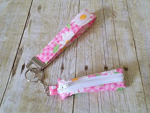 Key Fob Wristlet and Matching Lip Balm Cozy in Pink and White Daisy Fabric