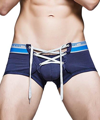 MLDYGYC Men's Sexy Lingerie Cotton Tie Rope Cute Boxer Brief Underwear Panties (US L = Asian Tag 2XL, Navy #1)