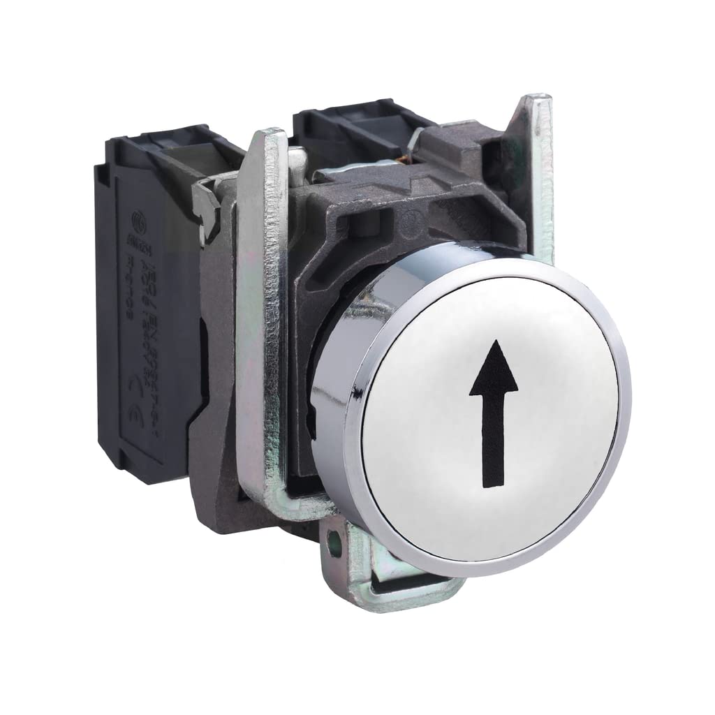 Schneider Electric Harmony XB4 - Push Button Switch, Metal, Spring Return, 1NO, 22mm Mount, Marked Up Arrow, Flush Operator Profile, XB4BA3341, White