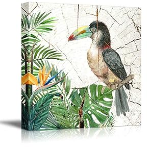 Square Toucan with Tropical Green Leaveson Vintage Wood Effect Background