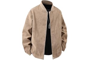 Mens Suede Bomber Jackets Full Zip Casual Softshell Varsity Jacket Lightweight Vintage Fall Coat with Pockets