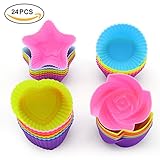 LKE 24pcs/set Nonstick Cupcake Molds, Reusable and Heat Resisant Baking Cups, Round / Heart / Rose / Star Shape Silicone Cake Muffin Molds for Professional or Starter Cooker(Pack of 24)