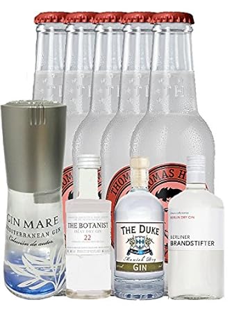 Gin Probierset 1 x Gin Mare 0,1 Liter + Botanist 5 cl + Duke 5 cl + Brandstifter 0,1 Liter + 5 Thomas Henry Spicy Ginger 0,2 