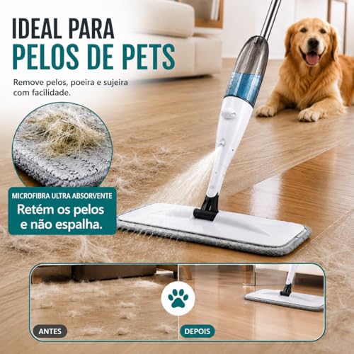 Rodo Spray com Reservatório de Água e Refil Microfibra Ultra Absorvente; Mop de Limpeza para Piso, Porcelanato e Laminado; Limpeza Prática Sem Balde