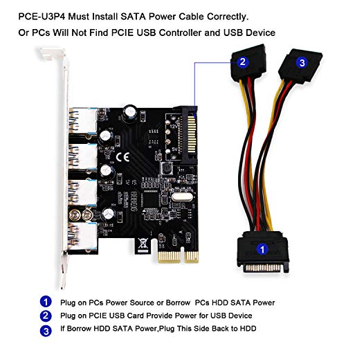LTERIVER PCI Express 4 Ports Superspeed USB 3.0 Card Adapter for Windows Server,XP,Vista,7,8.0,8.1,10(32/64bit) System-with Y SATA Power Cable(PCE-U3P4)