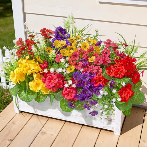 Faylifeway 16 Bundles Artificial Flowers for Outdoors, UV Resistant Fake Outdoor Flowers, Silk Faux Flowers for Outside Planters,Garden,Porch,Yard,Home Decor(Mixed Color)