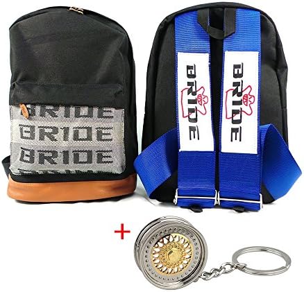 JDM Racing Bride Backpack Harness Shoulder Straps Zipper Pockets with Padded Computer Compartment with BBS Keychain (Blue)