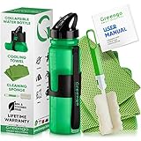 Greengo Smart Solutions Collapsible Silicone Water Bottle Set - for Hiking, Travel and Running - BPA Free - Bonus Cooling Towel and Sponge Brush