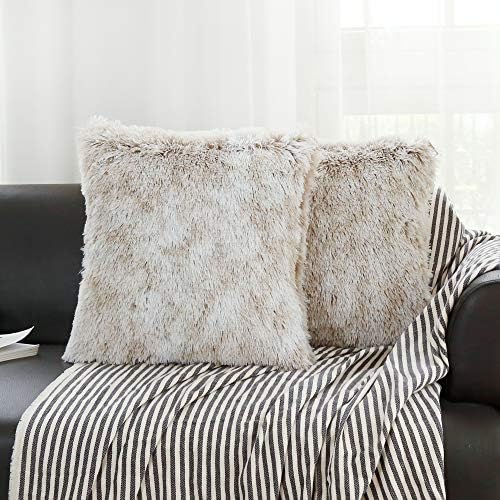 Jerry Fabrics Set of 2 Super Soft Solid Plush Faux Fur Decorative Throw Pillow Cover Home Decor Design Set Cushion Case for Sofa Bedroom Car 18×18 Inch(45×45 cm)(A3-Khaki)