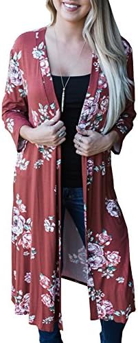 Floral Season Women Floral Print Long Sleeve Knee Length Thin Sweater Cardigan Red Small