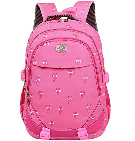Gofriendly Girls Canvas School Backpack Bags With Pink Kitty Pattern - Lightweight School Laptop Hiking Travel Daypack 16" (Red)