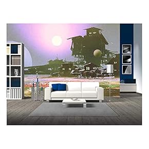 Factory and Industry in Flower Fields,Sci-Fi Scene,Illustration Painting - Removable Wall Mural | Self-Adhesive Large Wallpaper - 66x96 inches