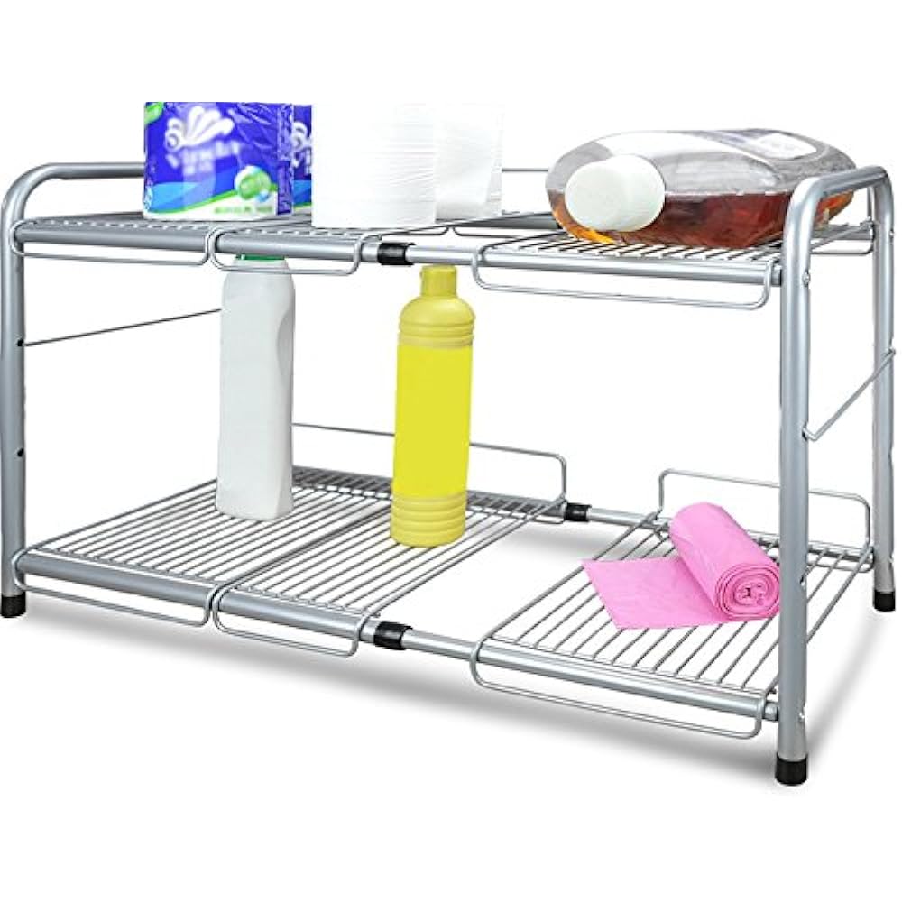 2 Tier Under Sink Expandable Shelf Organizer, Storage Rack (Silver