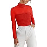 Dressmine Women's Sheer Mesh Top Floral Mock Turtle Neck Sexy Long Sleeve Double Layer Ruched Going Out Tops
