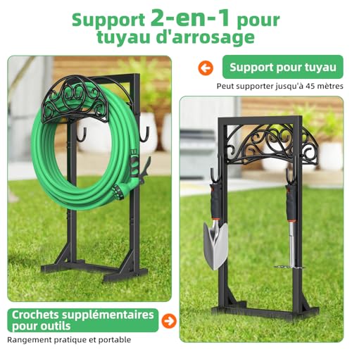 iRhodesy Garden Hose Holder, 109.5 cm Garden Hose Holder 45 m with 2 Tool Hooks and 4 Anchor Tips, Removable and Freestanding Garden Lawn Stand
