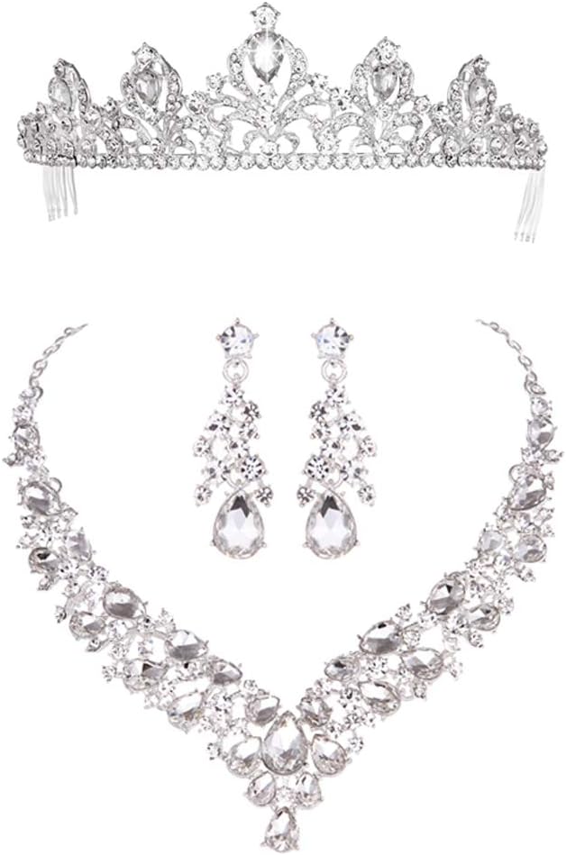 Austrian Rhinestone Crystal Wedding Gown Prom Ball Necklace Earrings Jewelry Set for Brides Dress
