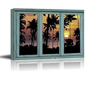 Silhouetted Palm Trees on a Caribbean Beach with a Setting Sun in The Background - Yellow and Orange Sunset - Canvas Art Home Art - 24x36 inches