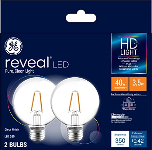 GE Reveal LED Globe Light Bulbs, 3.5 Watts (40 Watt Equivalent) HD+ Light, Clear Finish, Medium Base, Dimmable (2 Pack)