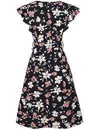 MISSJOY Mujer Vintage Ruffle Floral A-line Swing Swing Casual Vestidos de cóctel Vestidos con botones