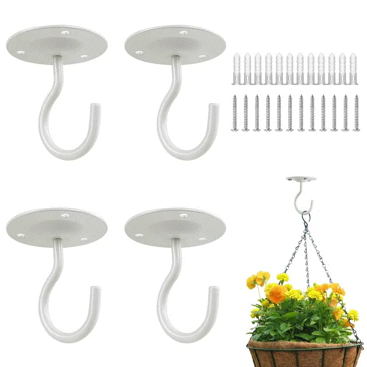 4PCS Ceiling Hook for Hanging Plants, Heavy Duty Wall Mount Hanging Hooks for Bird Feeders, Lanterns, Wind Chimes, Planters, Outdoor Decoration Hooks (White)