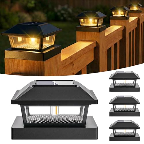btfarm 4 Pack 4x4 Solar Post Caps Lights, Fence Post Solar Powered Lights with Edison LED Bulbs for Vinyl Wooden Posts, Waterproof Retro Deck Post Light Outdoor for Patio Garden Porch, Warm White