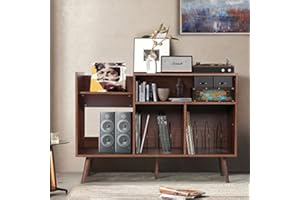 RARZOE Large Record Player Stand, Mid Century Concord Turntable Stand Table Holds Up to 350 Albums, Vinyl Record Storage Cabinet with Wood Legs for Living Room Bedroom Office, Walnut Brown