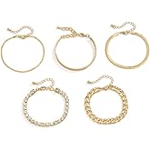 PLOUTOS Layered Bracelet Set For Women, Gold Or Silver Tone Stack With Rhinestone Tennis, Paperclip Chain, Cuban Link, Bangle, Adjustable Jewelry