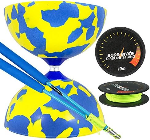 Jester Medium Diabolo Yellow/Blue with Blue Superglass Diablo Sticks, &amp; Accelerate Diabolo String