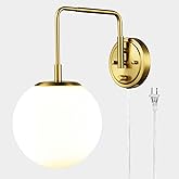DAYCENT Gold Plug in Wall Sconce with Milk Glass Shade Globe Sconces Wall Lighting Modern 1-Light Brass Swing Arm Wall Light 
