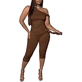 Lingt Chic Women's 2 Piece Stretchy Bodycon Outfits Off Shoulder Solid Color Top And High Waist Capri Pants Set