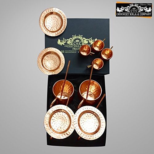 Set of 4 Copper C-Handle mugs with 4 Designer Coasters, 4 copper hammered shot mugs and 4 copper straws with a gift box, a classic set of barware/drinkware collection by Crockery wala and Company