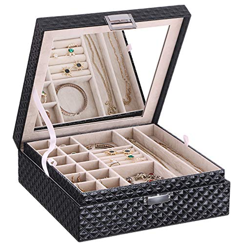 BEWISHOME Jewelry Box 2 Layer Jewelry Organizer Holder for Women Girls - Large Movable Mirror, Bright Embossed Black PU Leather - Display Storage Case for Earring Ring Bracelet Necklace SSH61B BEWISHOME Jewelry Box 2 Layer Jewelry Organizer Holder for Women Girls - Large Movable Mirror, Bright Embossed Black PU Leather - Display Storage Case for Earring Ring Bracelet Necklace SSH61B