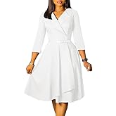 Elainone Women 3/4 Sleeve Casual Swing Flared A Line Dress Wedding Guest Semi Formal Office Work Dresses with Belt