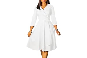 Elainone Women 3/4 Sleeve Casual Swing Flared A Line Dress Wedding Guest Semi Formal Office Work Dresses with Belt